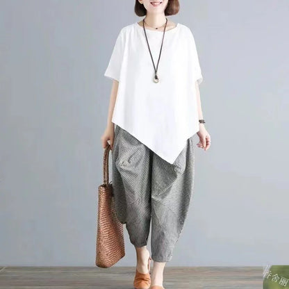 Cotton Blend Loose Fit Casual Women's T-irt And Harlan Pants Set Single Piece Summer Faion Ensemble for plus Size