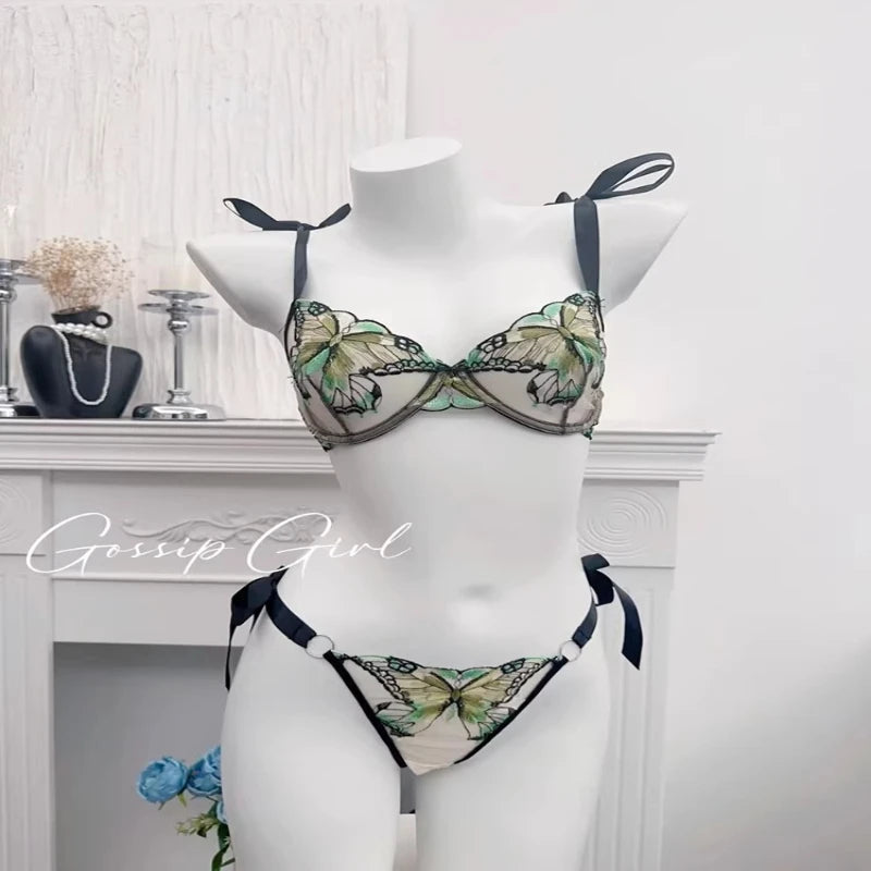 Ultra-Thin Sexy Lace Sheer Lingerie Set For Women French Butterfly Embroidery Push Up Bra Soft Underwire Support Date Night Wear