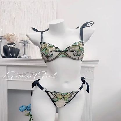 Ultra-Thin Sexy Lace Sheer Lingerie Set For Women French Butterfly Embroidery Push Up Bra Soft Underwire Support Date Night Wear