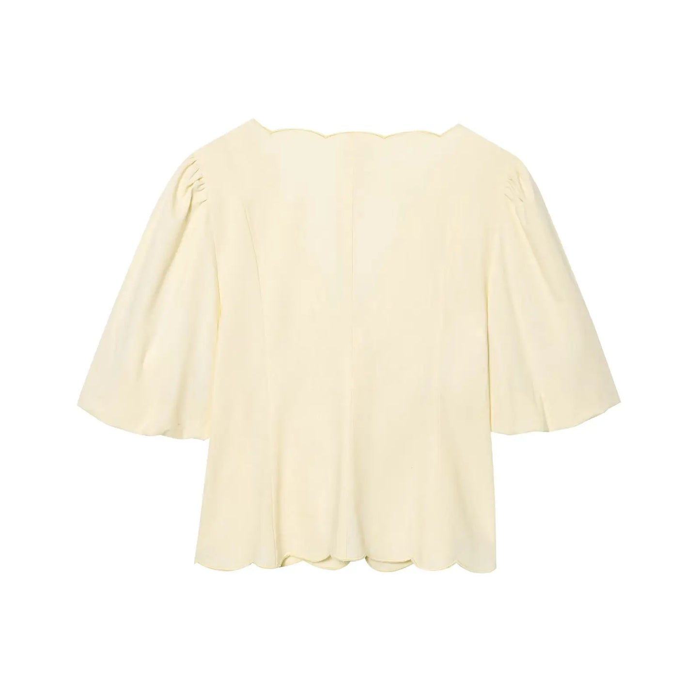 HH Women Chic Solid Simple Wave Edge V-Neck Puff Sleeves Short Shirt Top+High Waist Draw Rope Design Casual Loose Trousers