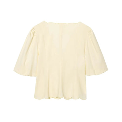 HH Women Chic Solid Simple Wave Edge V-Neck Puff Sleeves Short Shirt Top+High Waist Draw Rope Design Casual Loose Trousers