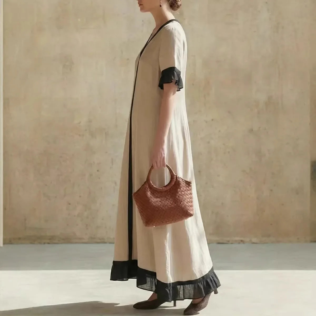 Summer Women Color Block V-Neck Short Sleeve Dress Loose Fit Long Maxi Dress Elegant Casual Beach Outfit