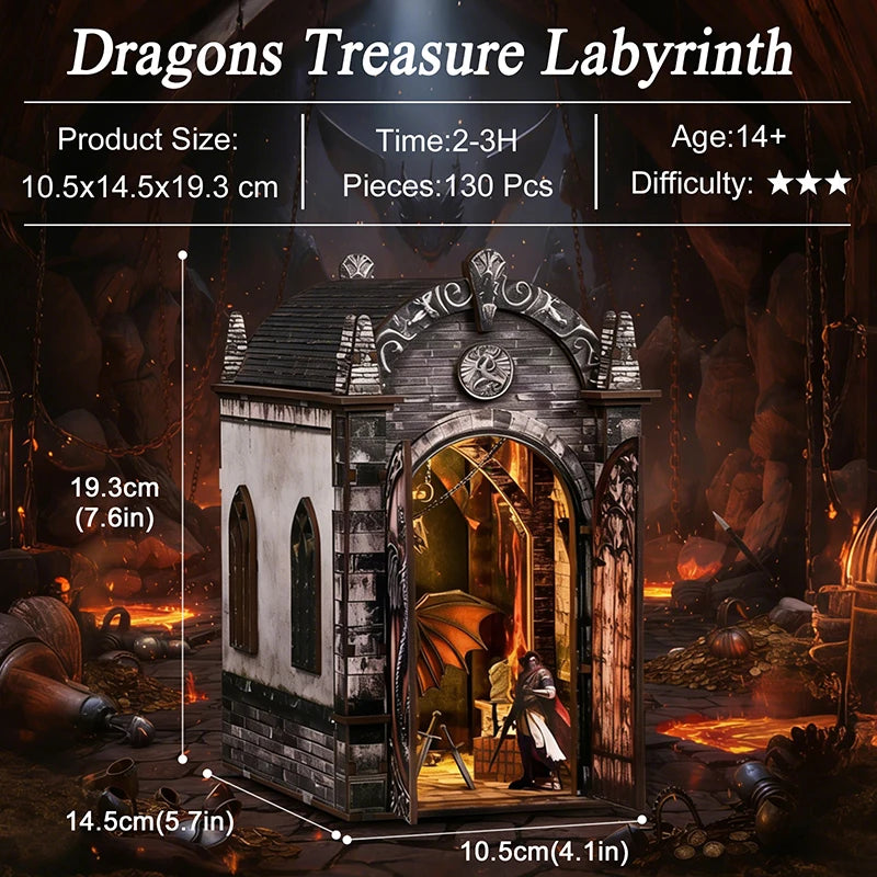 Zuuton Dragon Treasure DIY Book Nook Kit 3D Wooden Puzzle with LED Light Miniature Dollhouse Bookend Handmade Model Decor Gift