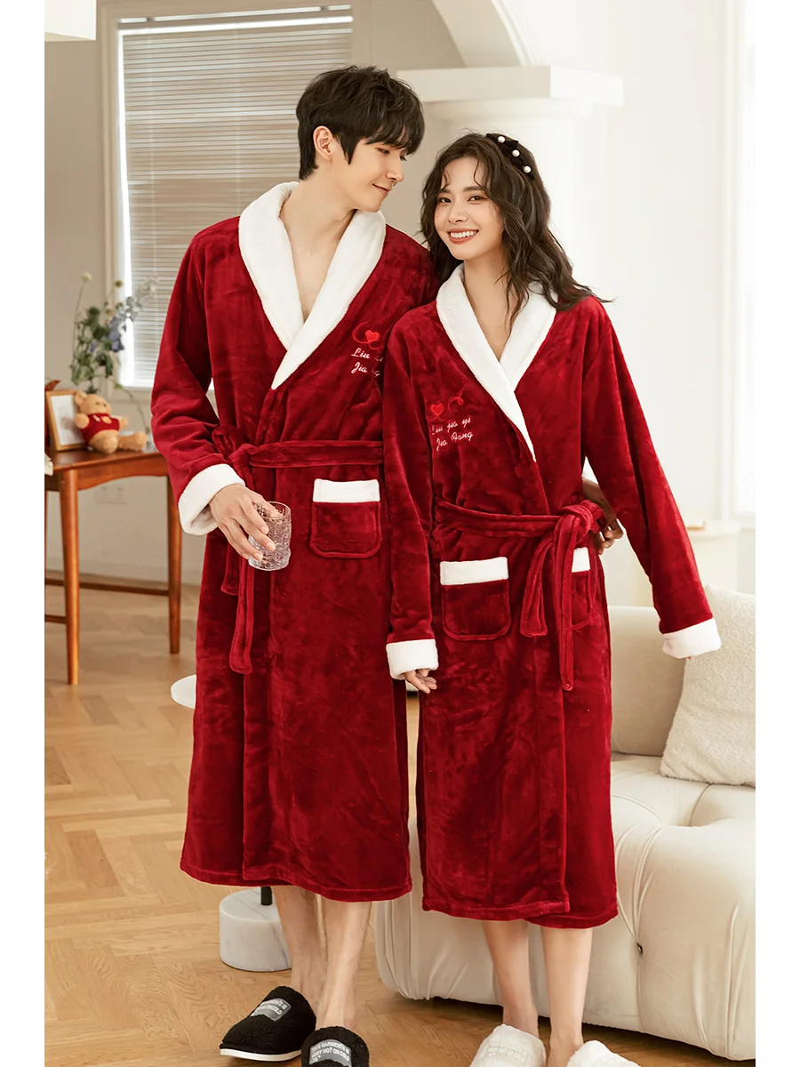 Thickened Coral Fleece Robe Long Home Wear for Men And Women Winter Warm Sleepwear Couple Matching Pajamas Velvet Fabric