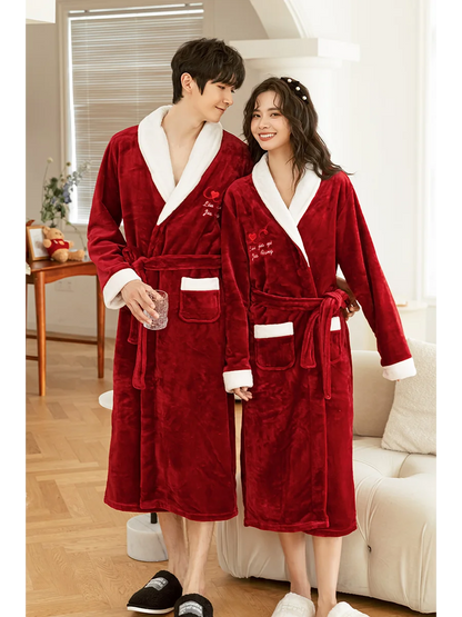 Thickened Coral Fleece Robe Long Home Wear for Men And Women Winter Warm Sleepwear Couple Matching Pajamas Velvet Fabric