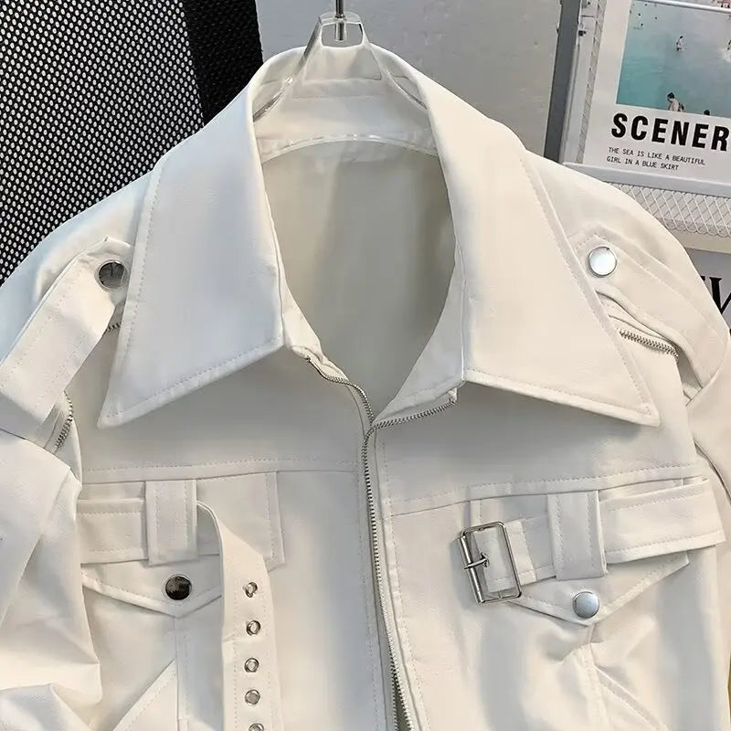 Mens High Street American Deconstructive Leather Jacket Winter Motorcycle Loose Cool Short Coat Motorcycle Jacket