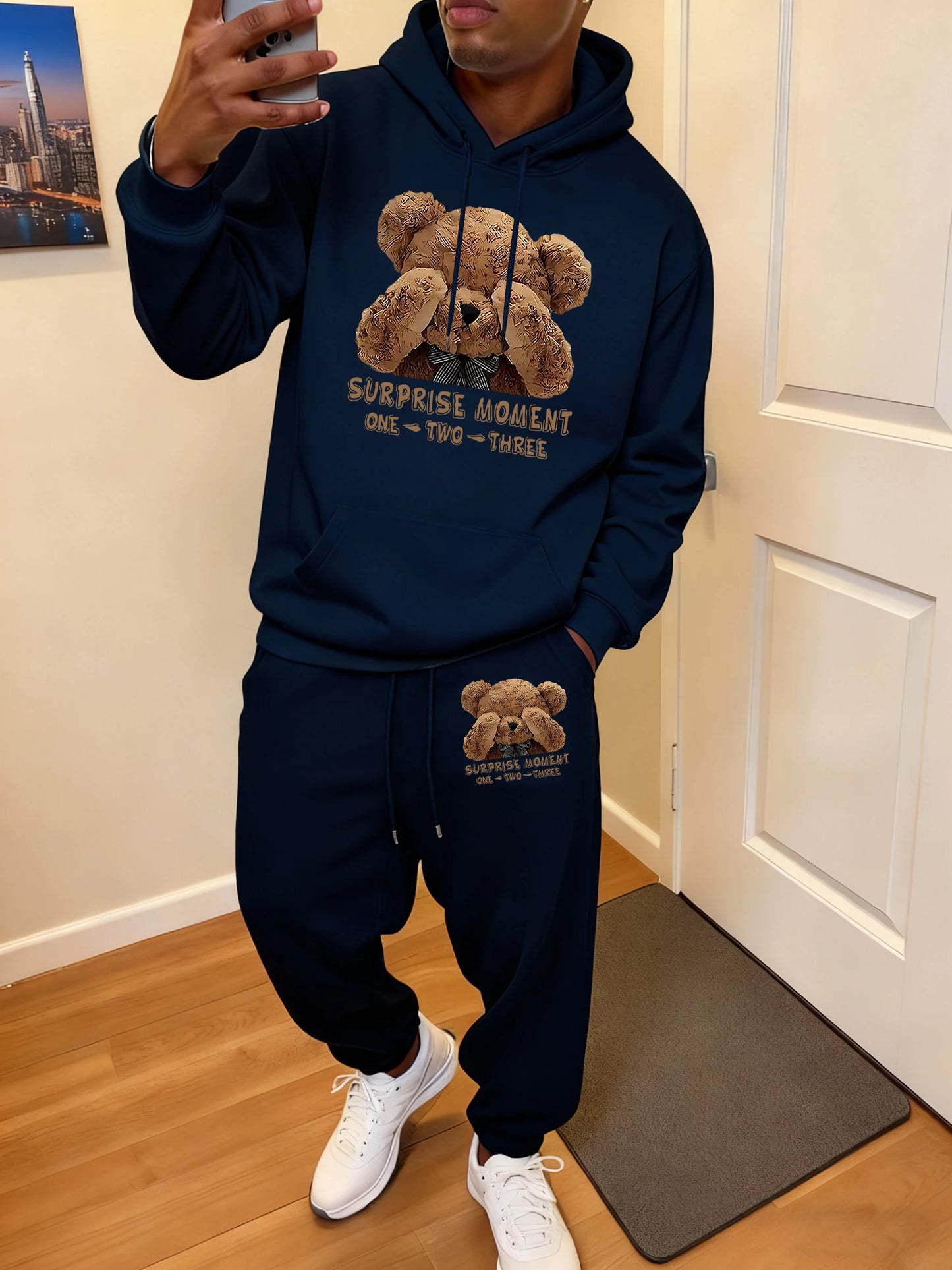 Surprise Moment Teddy Bear Print Soft Hoodie Set Man Sport Pocket Tracksuit All-Match Casual Sweatpants Autumn Fleece Long Pant