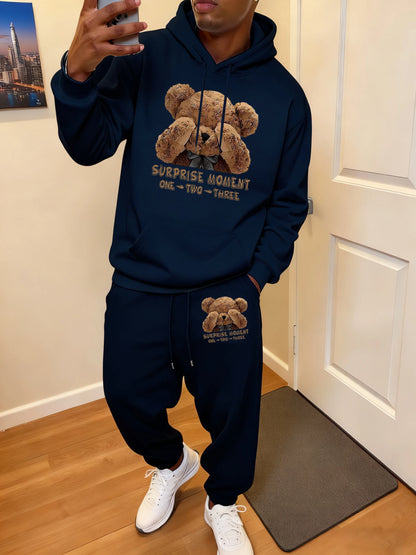Surprise Moment Teddy Bear Print Soft Hoodie Set Man Sport Pocket Tracksuit All-Match Casual Sweatpants Autumn Fleece Long Pant