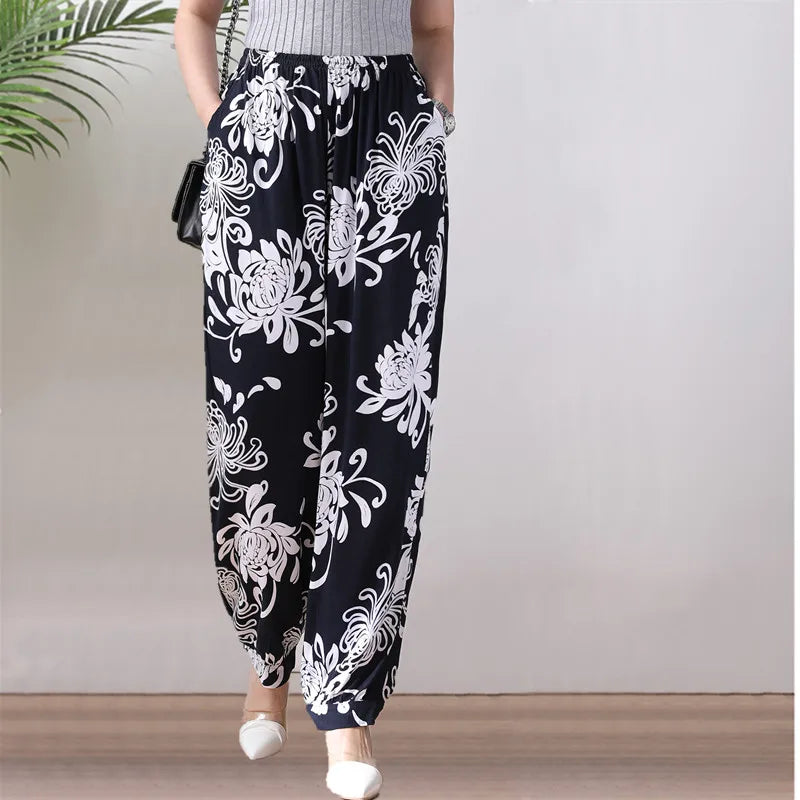 High Waist Lantern Pants Casual Cotton Silk Large Size Printed Long Trousers for Middle-Aged And Elderly Women