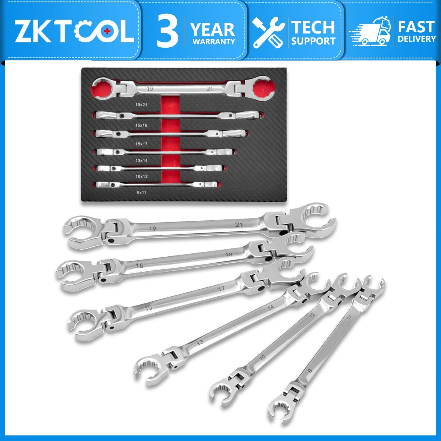 6-Piece Flexible Flare Nut Wrench Set, 9mm - 21mm, Metric Flexible Head Ratchet Wrench, Auto Repair Combo