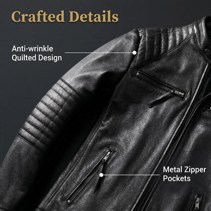 Genuine Cowhide Leather Biker Jacket Men's Slim Fit Short Motorcycle Coat Embroidery
