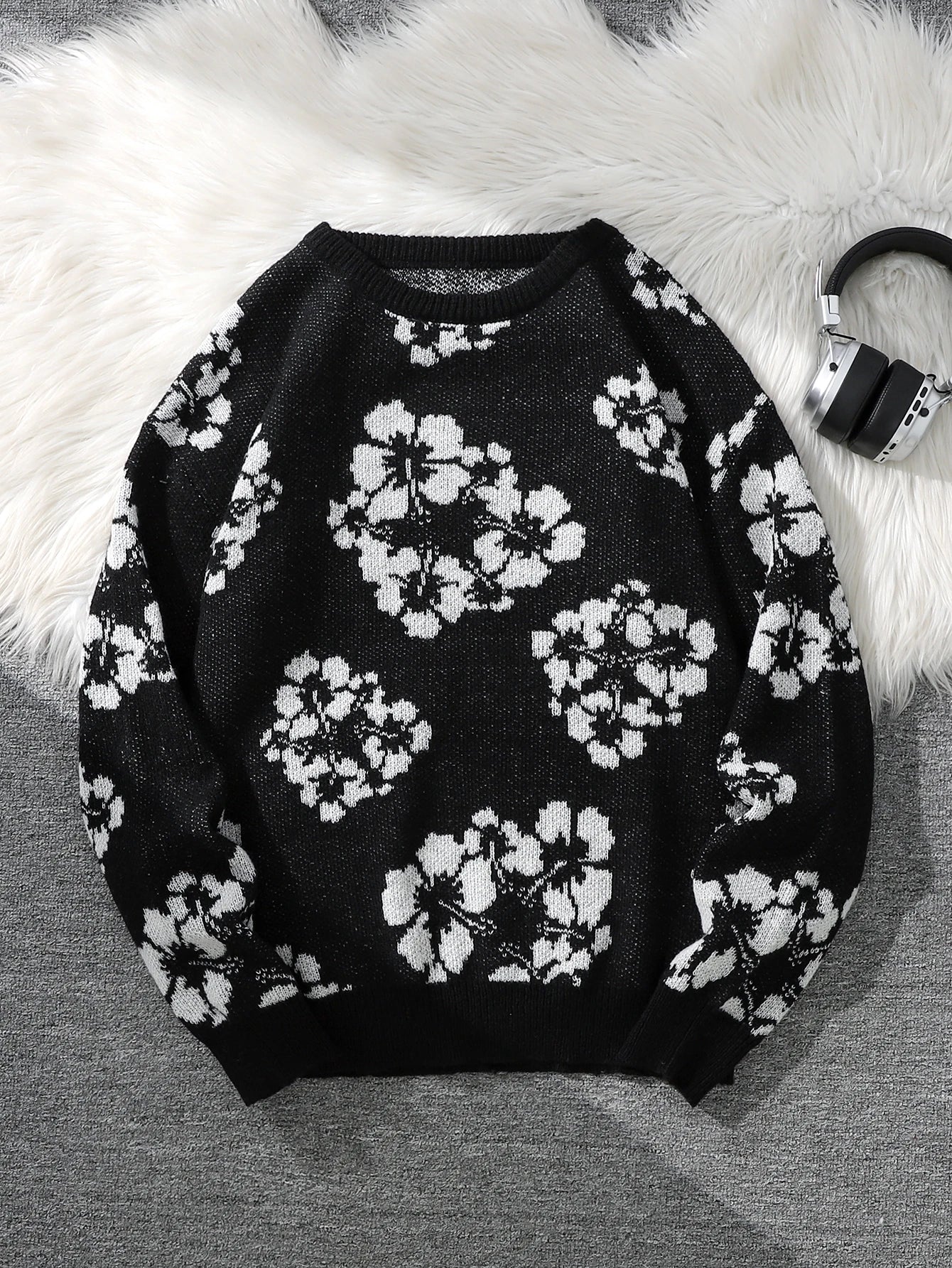 All-Over Floral Jacquard Pattern Pullover Sweater, Casual Crew Neck Knit Men's Pullover, Super Cool Winter Gift