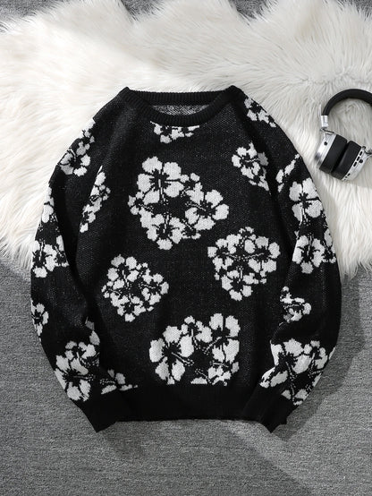All-Over Floral Jacquard Pattern Pullover Sweater, Casual Crew Neck Knit Men's Pullover, Super Cool Winter Gift