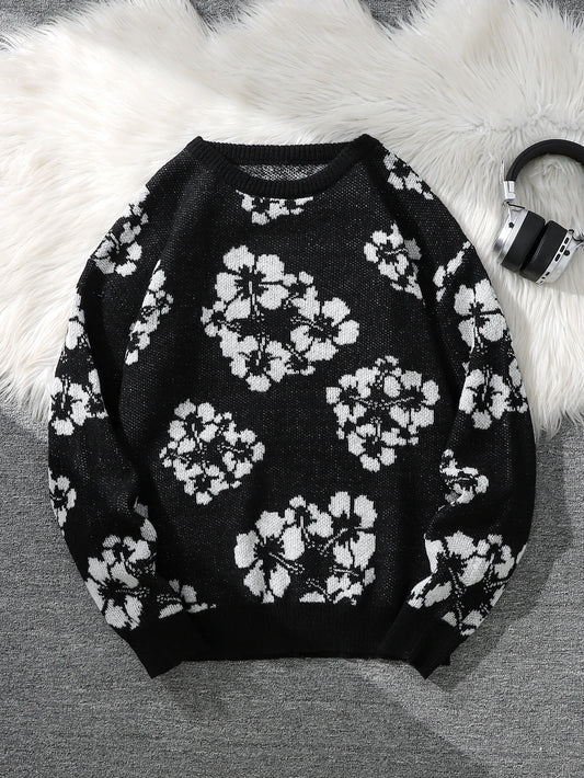 All-Over Floral Jacquard Pattern Pullover Sweater, Casual Crew Neck Knit Men's Pullover, Super Cool Winter Gift