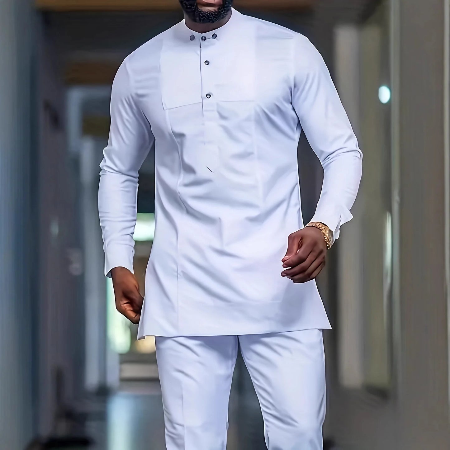 Fashionable Ethnic Embroidered Long Sleeve Long Pants Suit for Men New 2026 Style Summer Season round Neck Single Button Closure