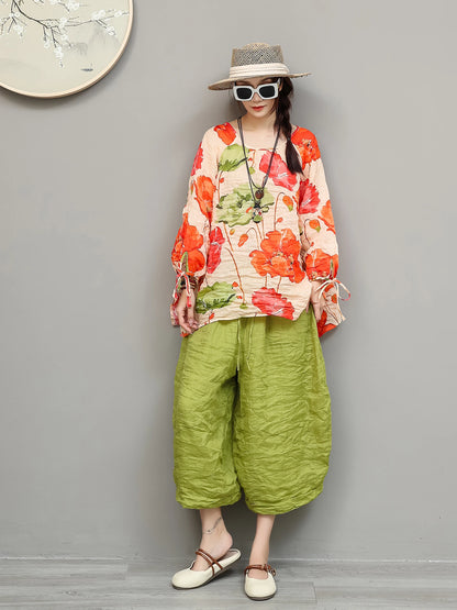 Artistic Ramie Suit Women Summer Floral Tie-up Top + Loose Wide-leg Cropped Pants Two-piece Set XY336