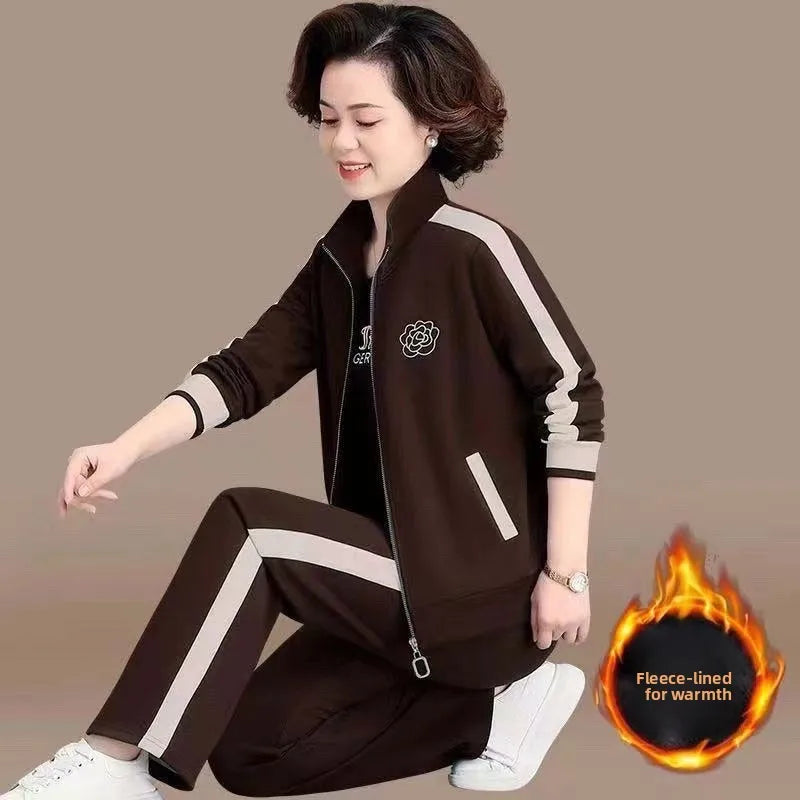 Thickened Fleece Lined Casual Sportswear Set for Middle-Aged Women Autumn Winter Two-Piece Suit Loose Fit Long Pants Zipper C...