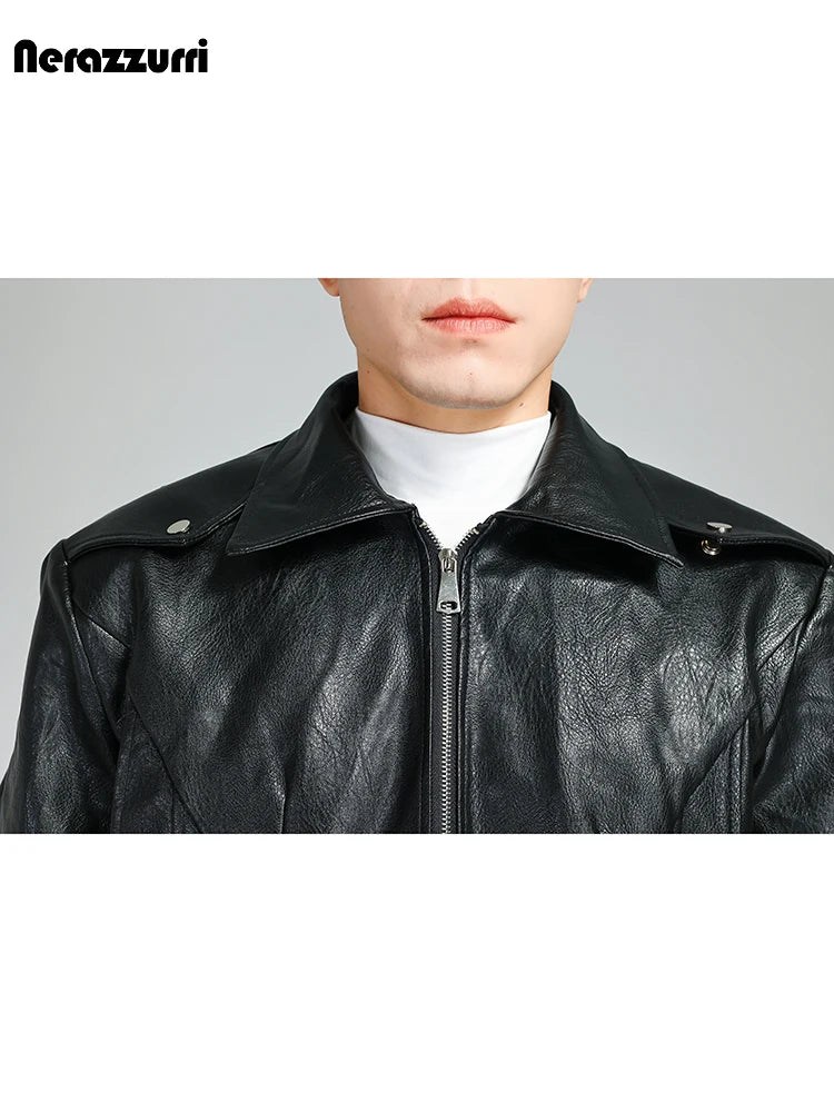 Nerazzurri Spring Autumn Cool Short Quilted Warm Black Pu Leather Bomber Jacket Men Zipper Long Sleeve Luxury Designer Clothes