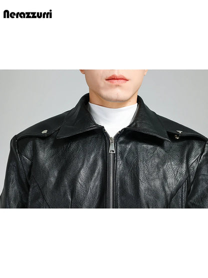 Nerazzurri Spring Autumn Cool Short Quilted Warm Black Pu Leather Bomber Jacket Men Zipper Long Sleeve Luxury Designer Clothes