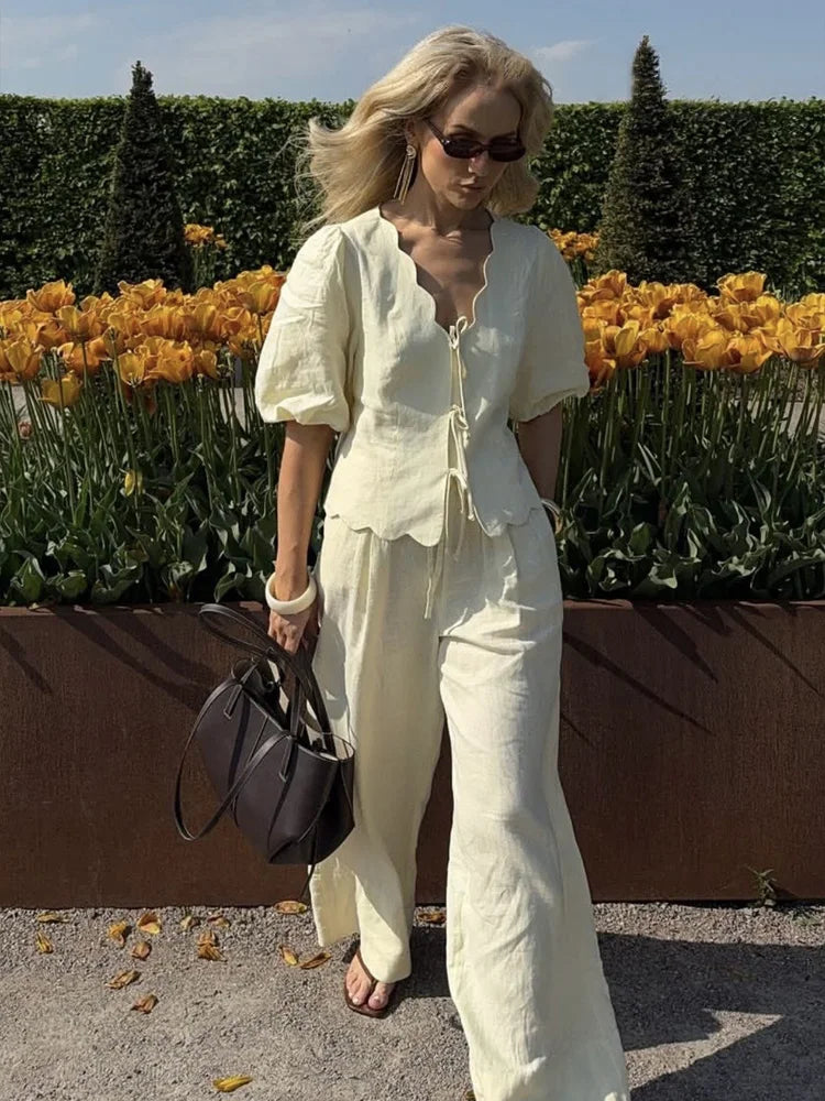 HH Women Chic Solid Simple Wave Edge V-Neck Puff Sleeves Short Shirt Top+High Waist Draw Rope Design Casual Loose Trousers