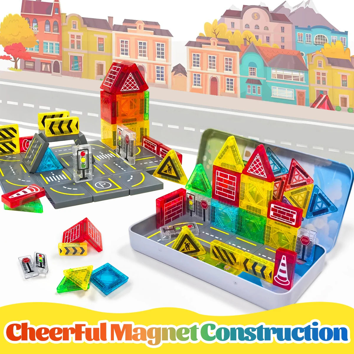Magnetic Road Construction Set Toys For Kids Gift Magnetic Building Blocks Montessori Educational Toys 32/58PCS With Iron Box