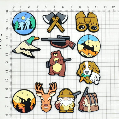 13-100Pcs Shotgun Axe Deer PVC Shoe Charms Hunting Bird Garden Shoes Buckle Accessories Fit Man Party Present