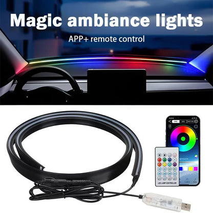 Automotive center console instrument panel universal through interior modification center console wrap around ambient lighting