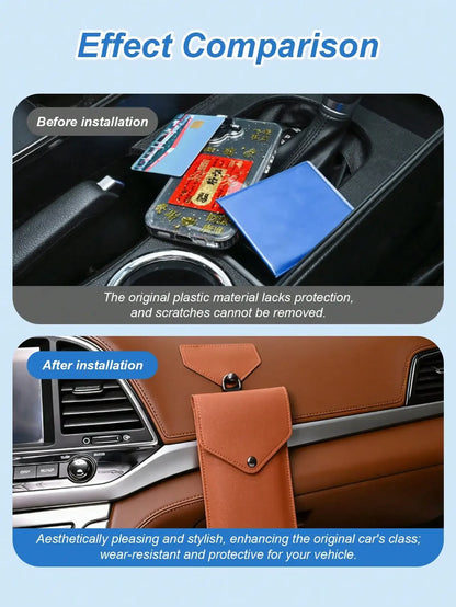 Universal Multi-Use Car Storage Bag with Shoulder Strap, Stick-On, Premium Leather, For Dashboard, Door, Seat Back
