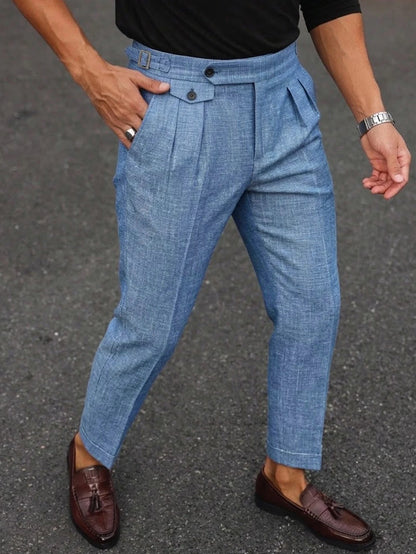 2026 SS Men's Italian Neapolitan Suit Trousers,Woven Double Pleat Pocket Button High Waist Straight Leg Business Casual Pants