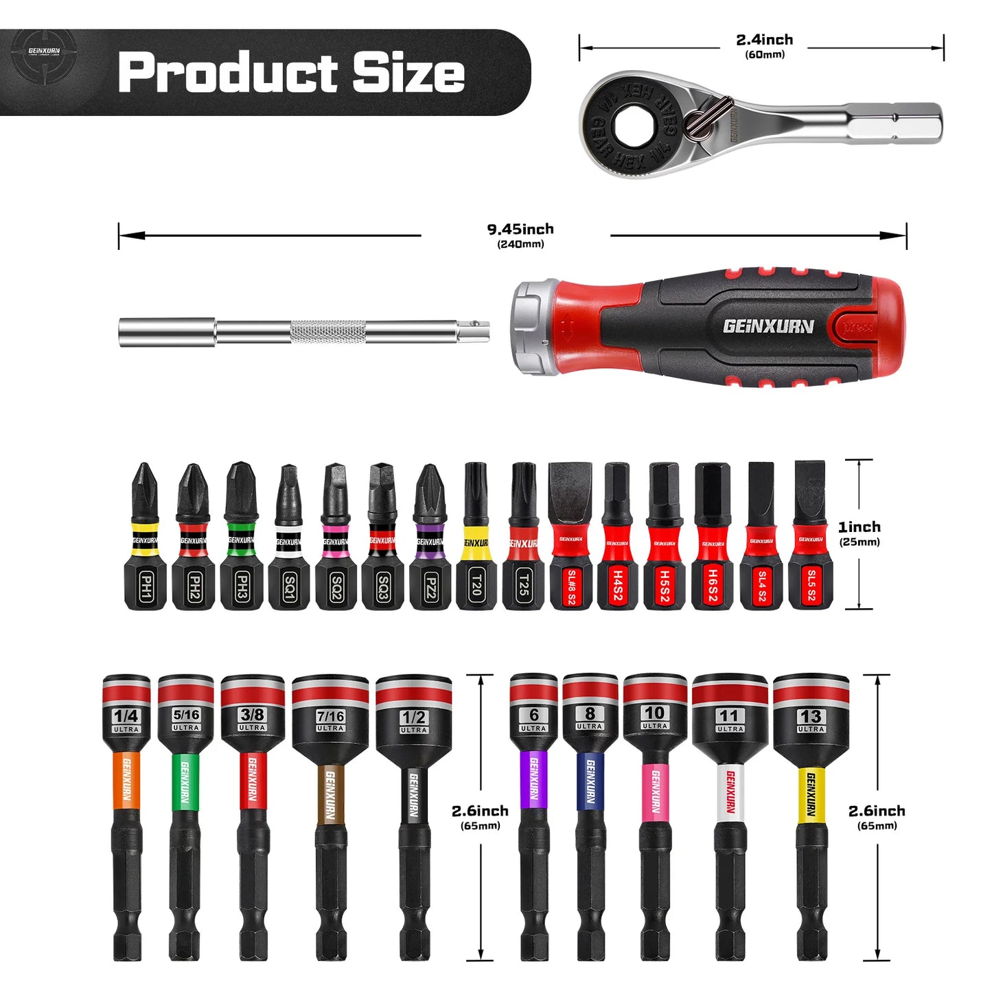 Geinxurn 19 PCS Ratcheting Screwdriver Set, Mini Rachet wrench,Rachet bit Handle and Nut Driver with Impact S2 Screwdriver Bits
