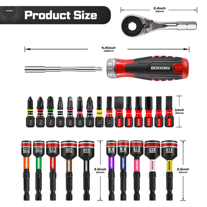 Geinxurn 19 PCS Ratcheting Screwdriver Set, Mini Rachet wrench,Rachet bit Handle and Nut Driver with Impact S2 Screwdriver Bits