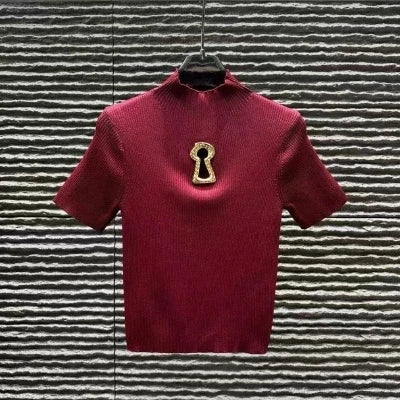 Spring Summer Solid Spliced Metal Buckle Slimming Knit Tshirt For Women Turtleneck Sleeveless Minimalist T Shirt Female Fashion