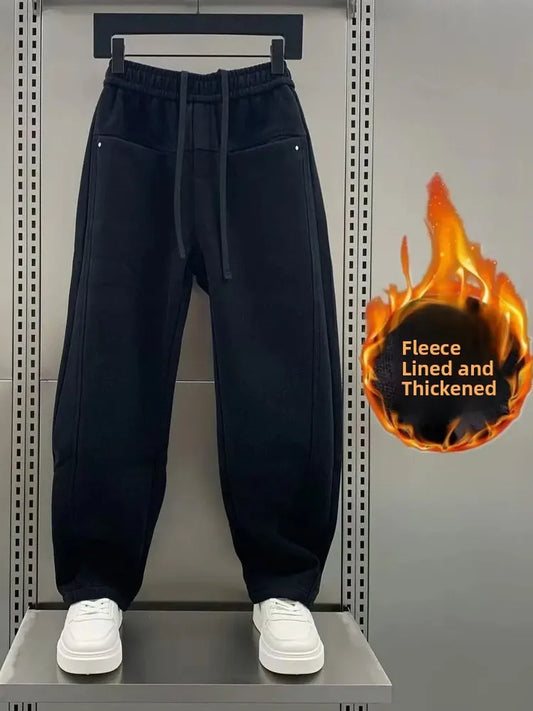 Men's Straight Leg Fleece Lined Thickened Casual Sports Pants Autumn Winter Pure Color Versatile Loose Fit Trousers