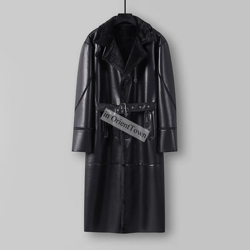 Large Loose Fur 1 Piece Leather Long Jacket For Men Over The Knee Warm Windbreaker For Man Winter Trench Coat  in OrientTown 027