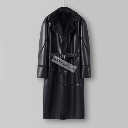 Large Loose Fur 1 Piece Leather Long Jacket For Men Over The Knee Warm Windbreaker For Man Winter Trench Coat  in OrientTown 027