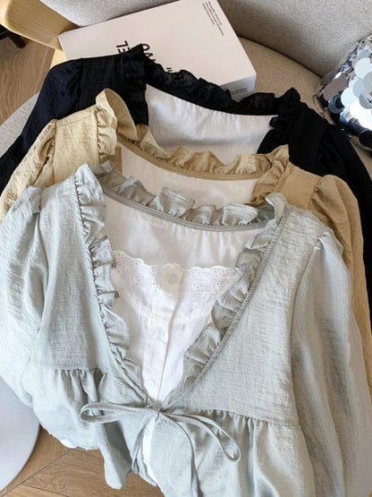 Korean Casual Sweet Fungus Lace Collar Women's Shirt Top Autumn New Women Fashion Fake Two-Piece Lace Up Long Sleeved Shirt