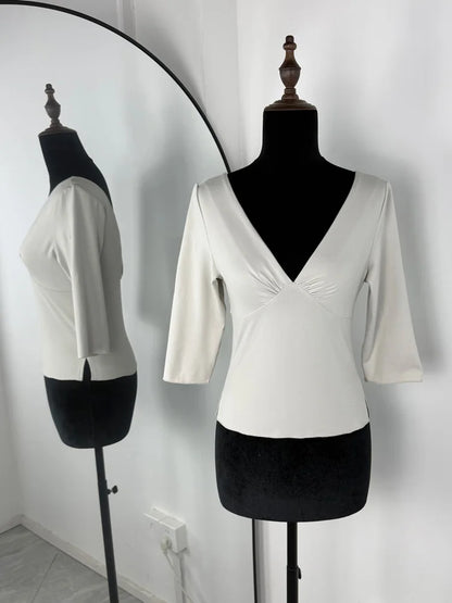 Tossy Summer V-Neck Sexy T-Shirts Top Women Patchwork Casual Solid Slim Commute Y2k Top Pullover Female Backless Tee Top 2026