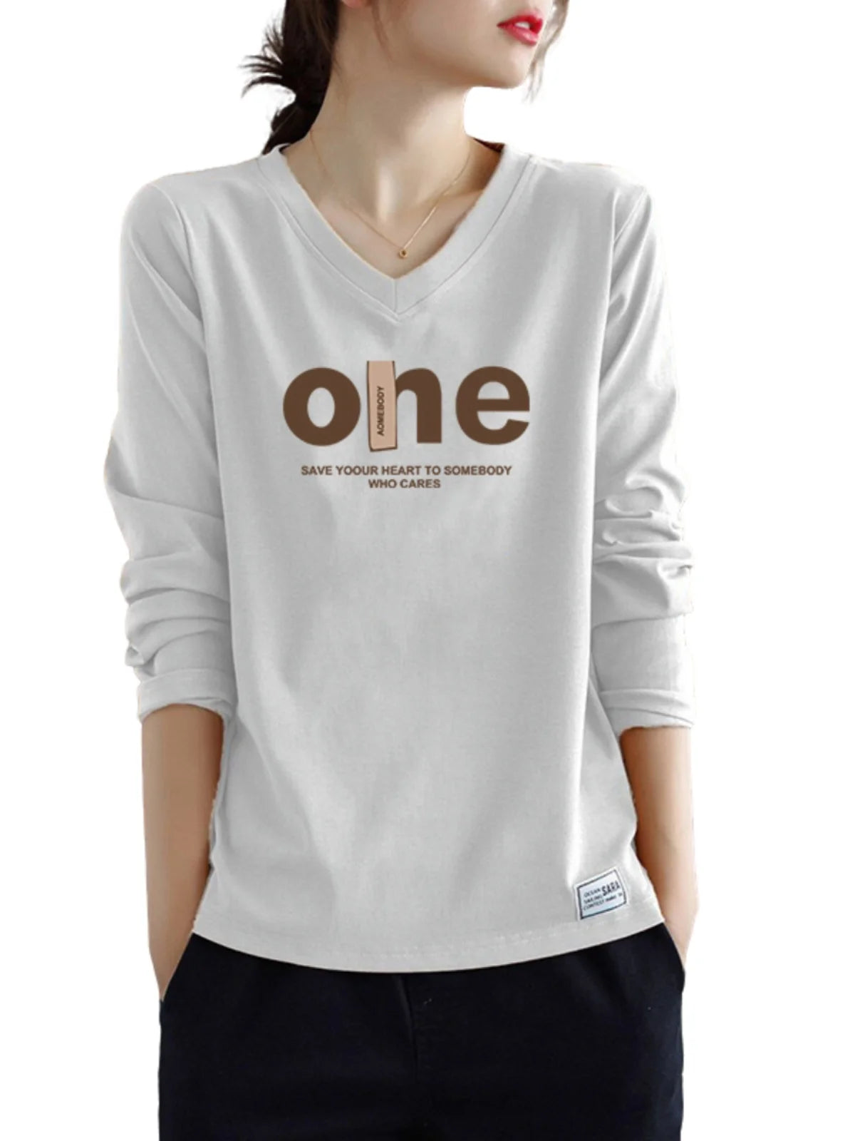 Pure Cotton Long Sleeve Women's T-shirt Autumn Season Versatile Base Layer Top Commute Style Loose Fit Regular Thickness