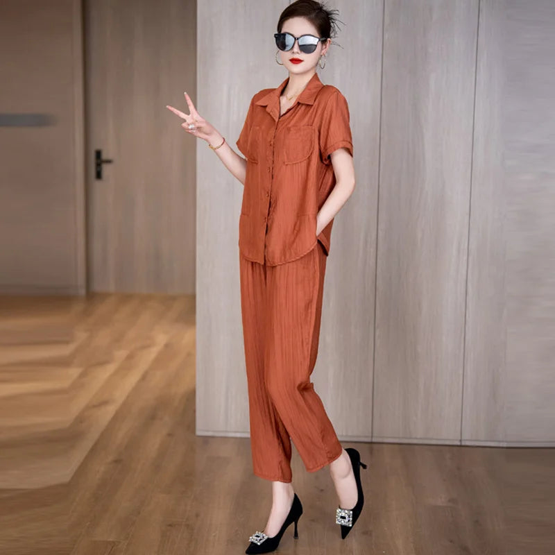 Chic Cotton Linen Two-Piece Set Short Sleeve  Collar Mom Summer Fashion Ensemble for Women over 35 Years Old