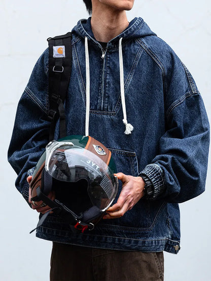 Mens Hooded Denim Jacket American Vintage Heavyweight Washed Distressed Loose Fit Streetwear Pullover Workwear Casual Trendy