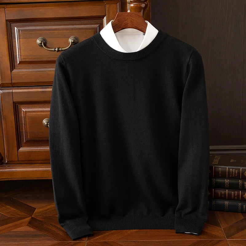 Autumn Winter Men's O-Neck Merino Wool Sweater New Versatile Basic Cashmere Pullover Casual Business Knitwear Sweater