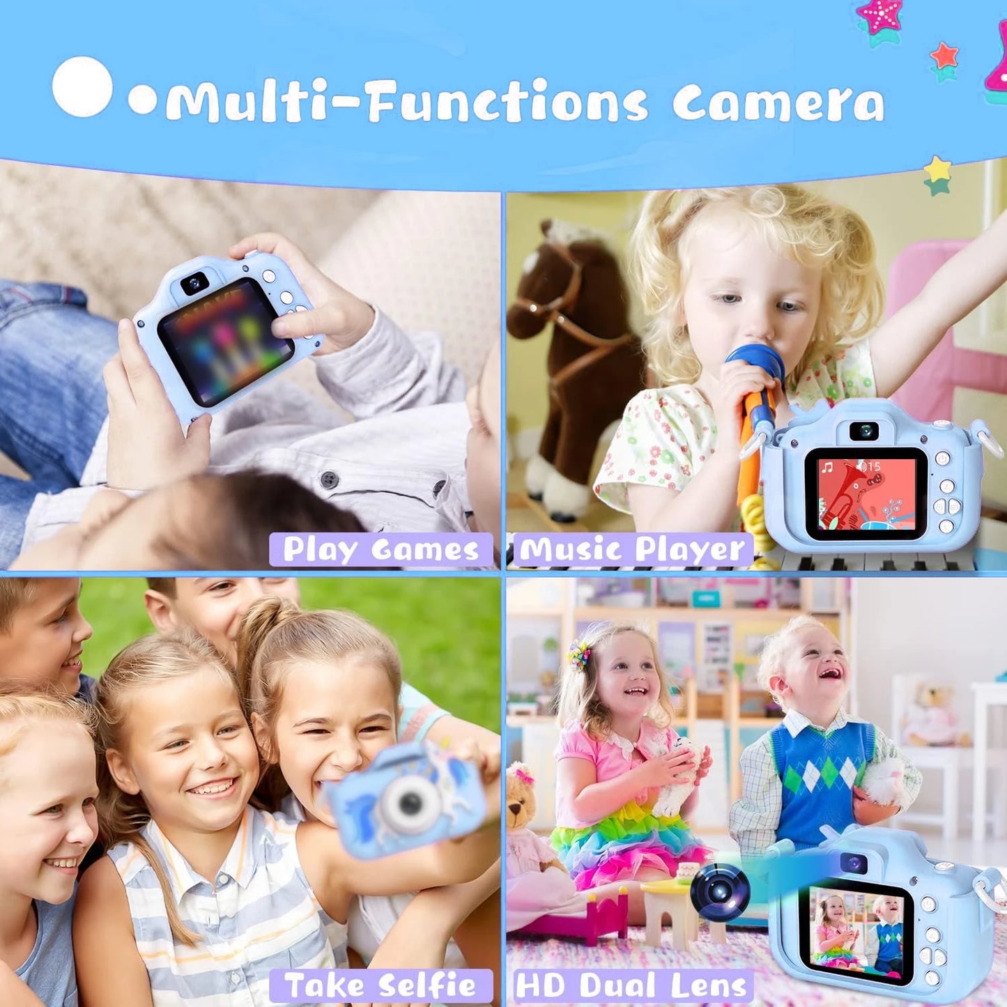 48MP Blue Unicorn Kids Camera 2.0" 16X Zoom Digital Video Recorder with Games Anti-Drop Toy Camera Gift for Boys Girls 3-12