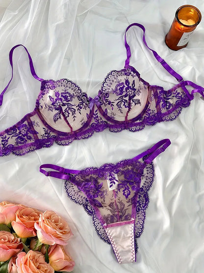 Floral Embroidery Transparent Lingerie Underwire Gather Ultra Thin Cup Sheer Bra Brief Set Pure Desire Women Intimate Nightwear