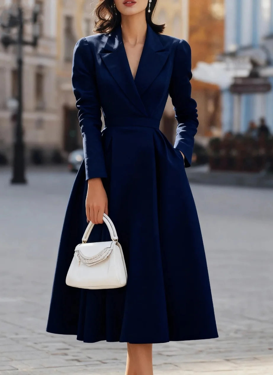 Elegant Long Sleeve V Neck Cinched Waist Pleated Midi Dress for Women Formal Business Occasions