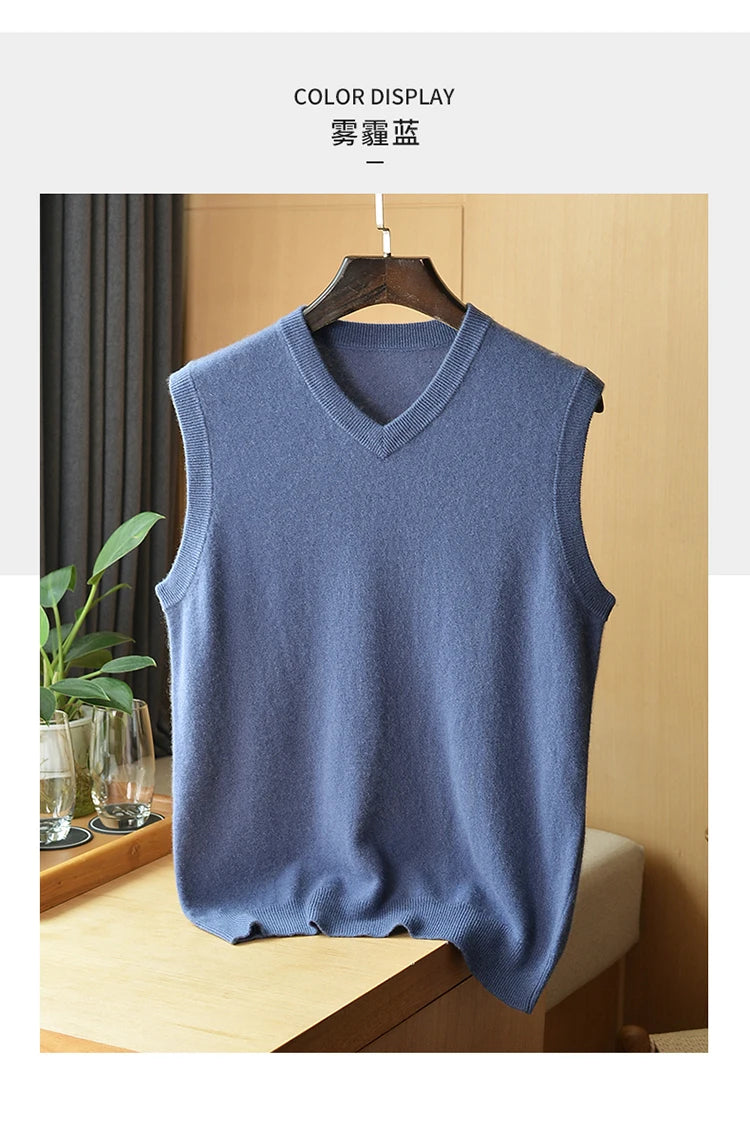 Autumn and Winter Men 100% Cashmere T-shirt V-neck Vest Simple Generous Wool Jumper Blue Soft Skin Breathable Men's Clothing