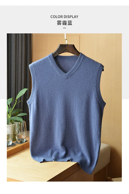 Autumn and Winter Men 100% Cashmere T-shirt V-neck Vest Simple Generous Wool Jumper Blue Soft Skin Breathable Men's Clothing