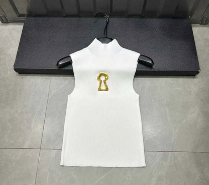 Spring Summer Solid Spliced Metal Buckle Slimming Knit Tshirt For Women Turtleneck Sleeveless Minimalist T Shirt Female Fashion