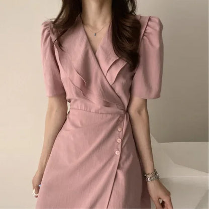 Retro Double Layered Collar Bubble Sleeve  Dress Elegant Short Sleeve V Neck Summer Casual Women's Dress
