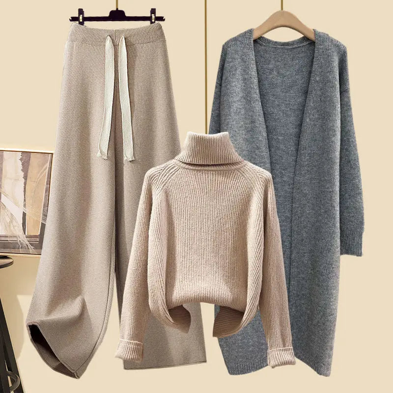 Fashionable Knitted Three-Piece Set Women's Autumn New Lazy Style Open Cardigan Outerwear Slimming Wide Leg Pants