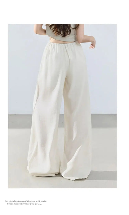 Loose wide-leg pants, classic style, drapey floor-length with drawstring, versatile thin linen straight casual pants for women